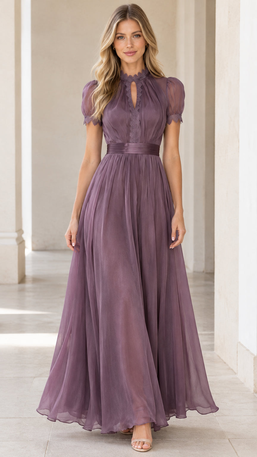 Dusty purple chiffon maxi dress with high lace keyhole neckline and short sleeves - front view