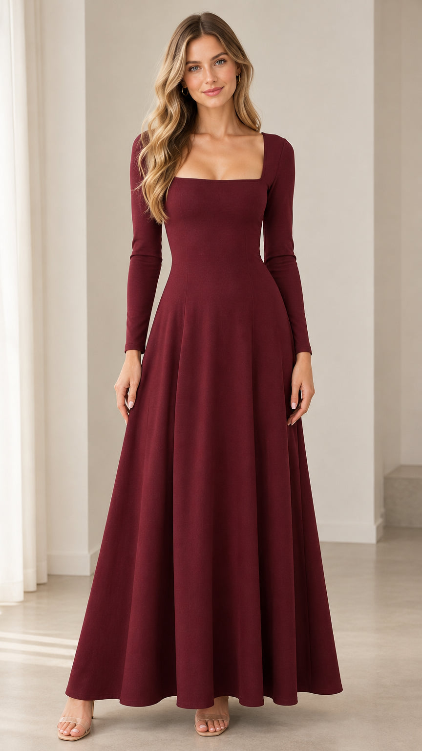 Full front view of model wearing burgundy square neck long sleeve maxi dress