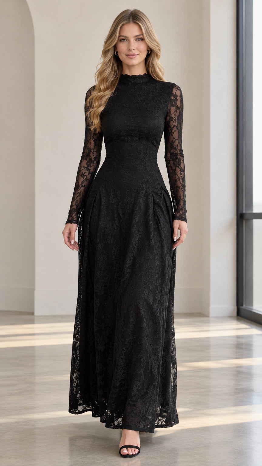 Front full-length view of woman wearing black mock neck floral lace maxi evening dress