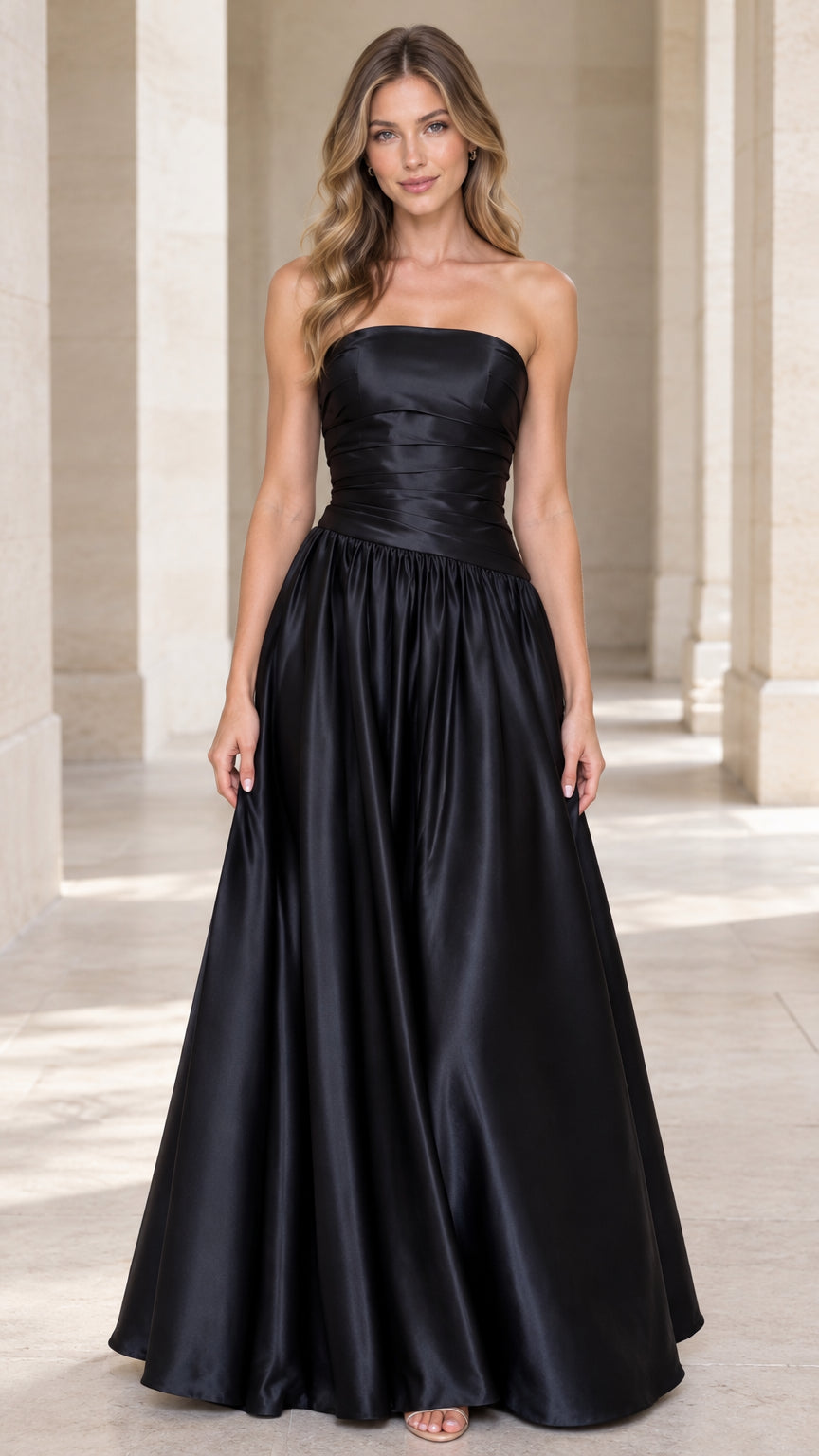 Front full-length view of model wearing black strapless satin pleated bodice A-line evening gown