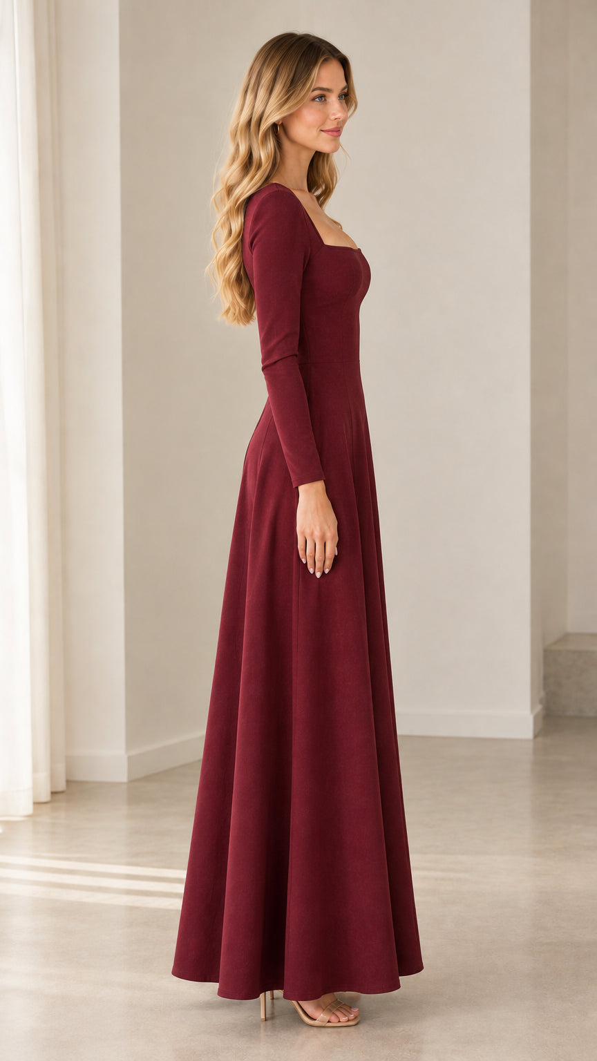 Side profile view of burgundy long sleeve A-line maxi dress