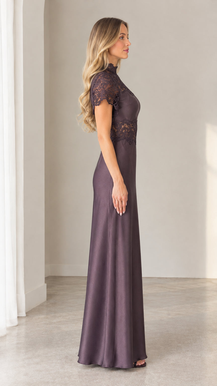 Plum purple lace satin evening gown side profile view