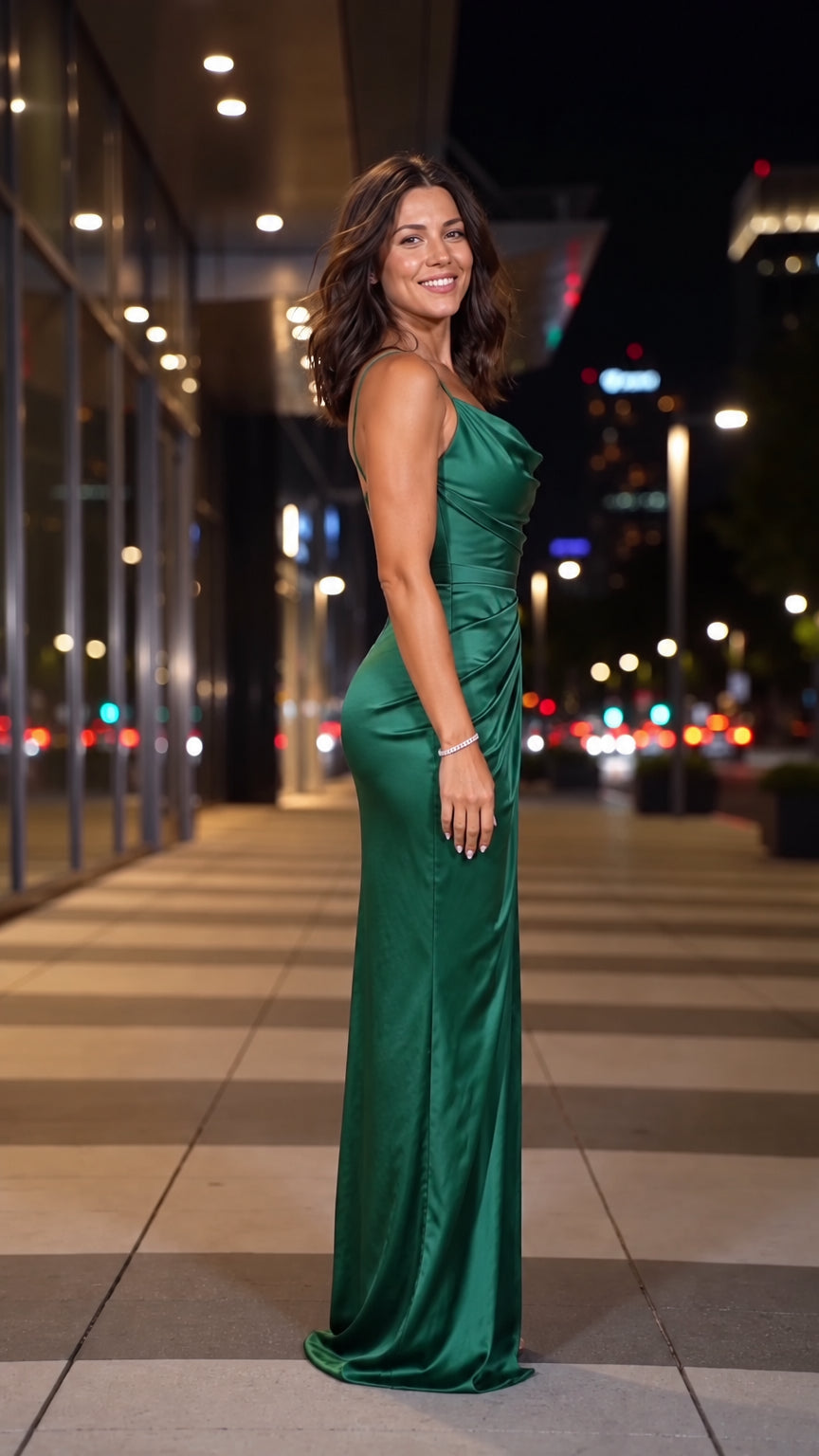 Side profile of model wearing emerald green satin evening gown