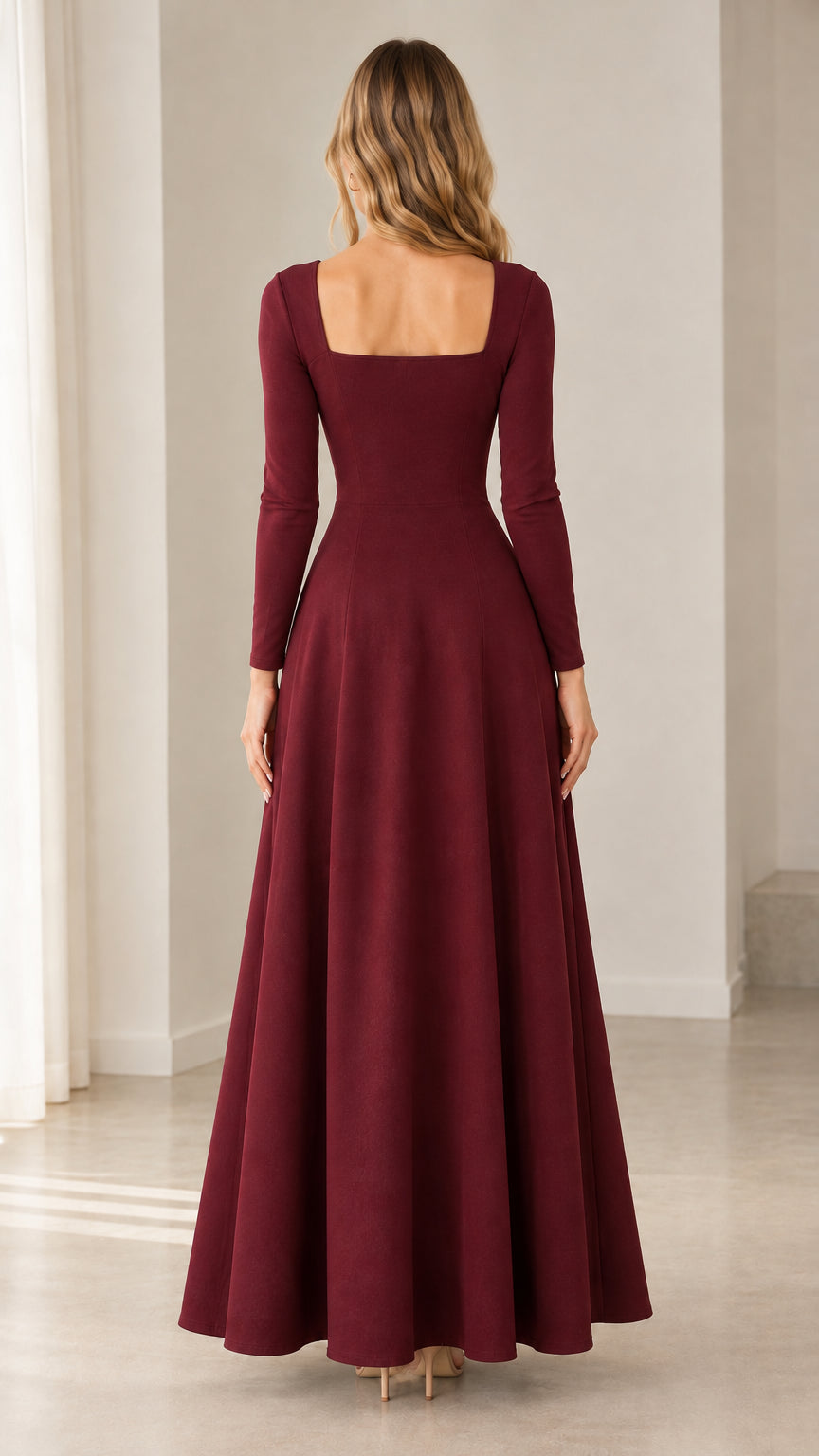 Back view of model wearing burgundy square neck maxi dress with back zipper