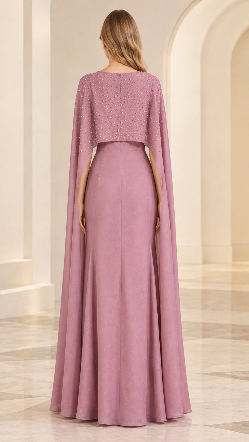 Dusty rose cape evening dress back view with floor-length drape