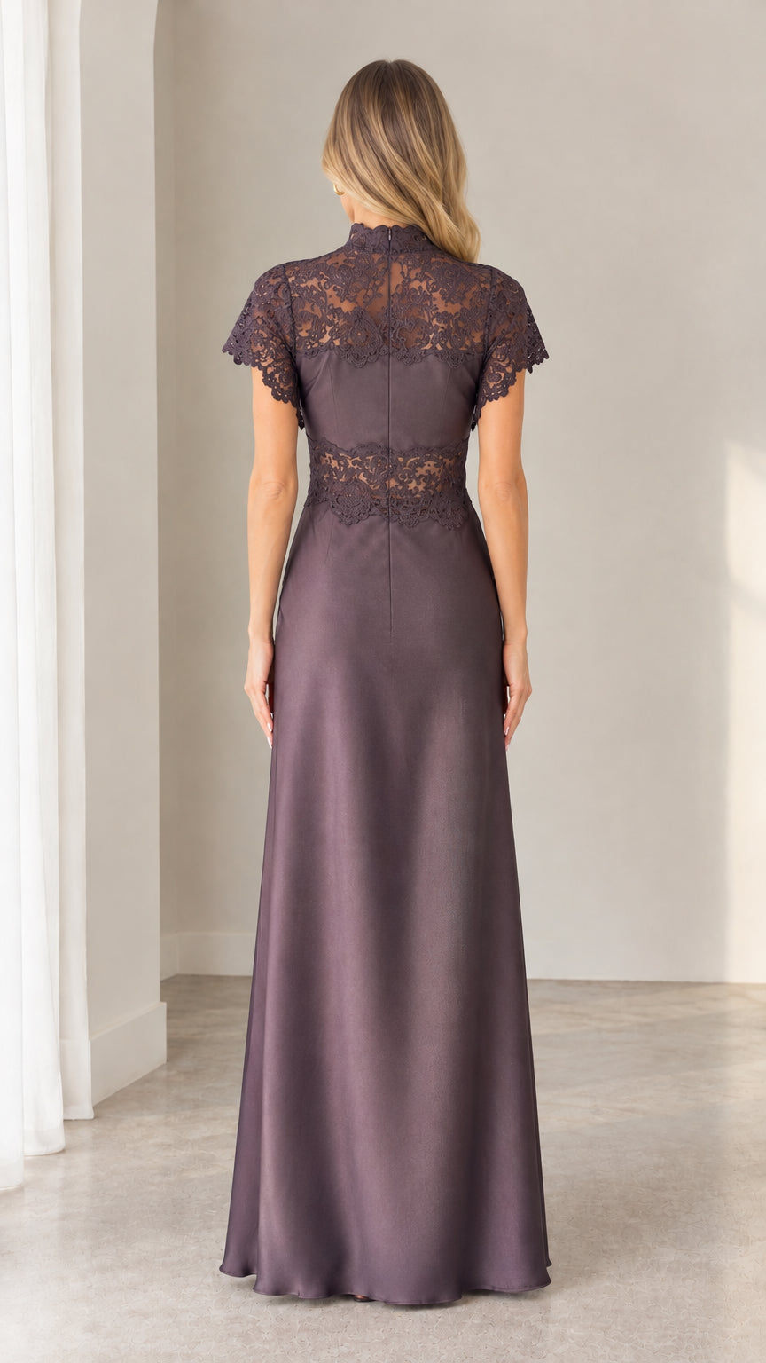 Plum purple satin maxi dress rear view showing lace yoke back