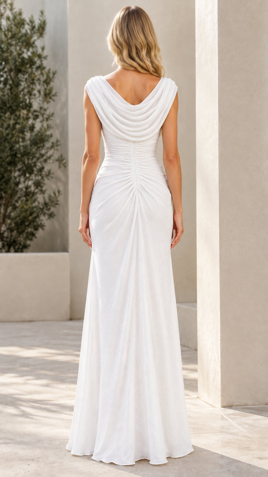 White draped back detail on floor-length formal evening gown