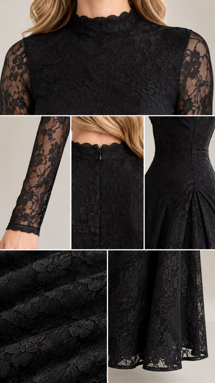 Close-up collage of black floral lace details including mock neck, sheer sleeve, back zipper, and hem