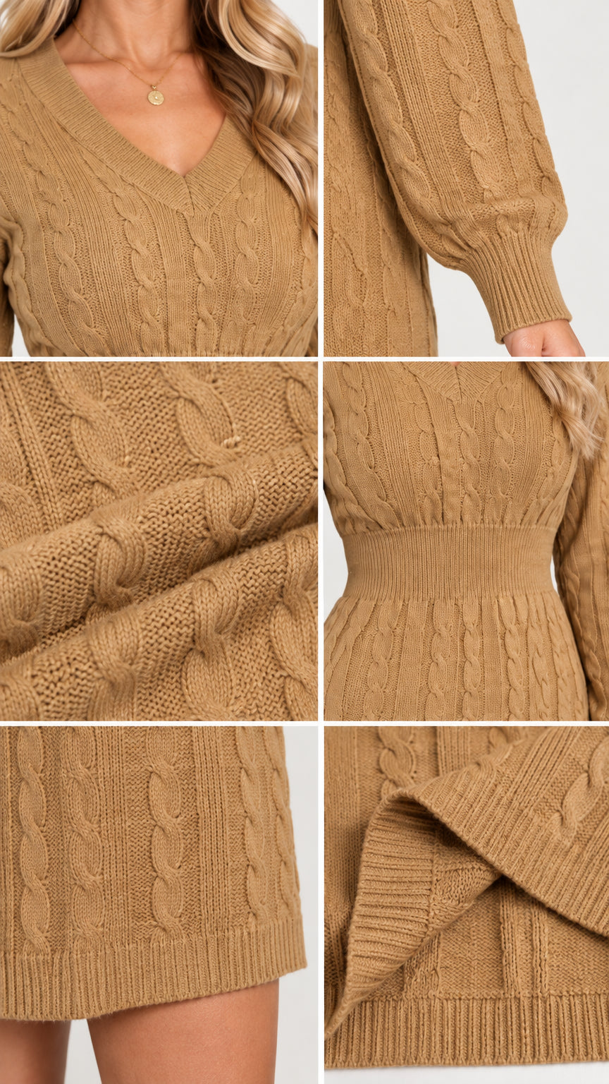Detailed collage showing the V-neckline, cable knit pattern, ribbed waist, and sleeve cuffs of the camel sweater dress