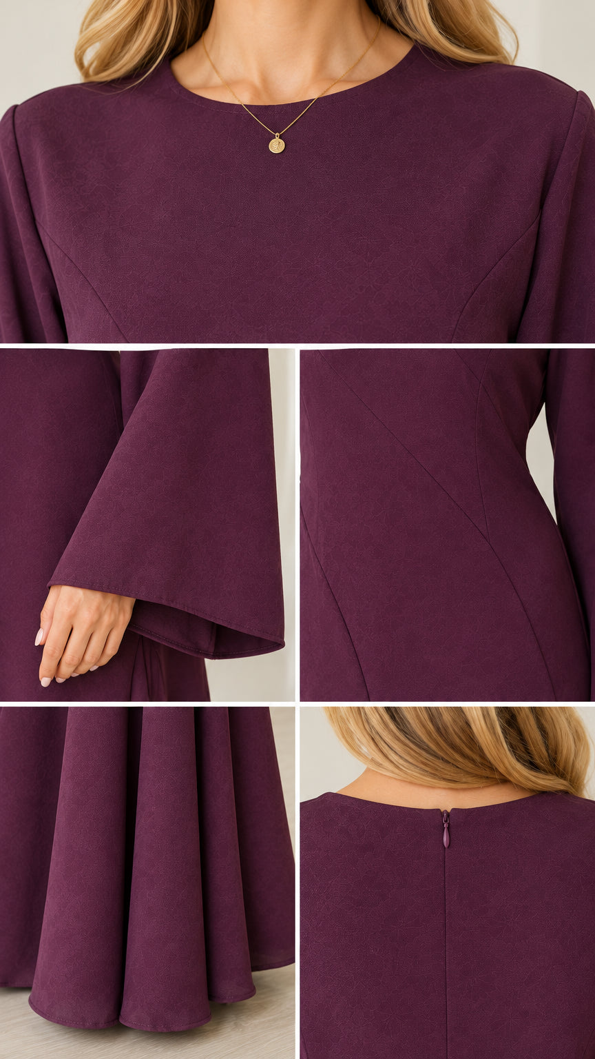 Close-up details of neckline, bell cuffs, contoured seam lines, and back zipper on Plum dress