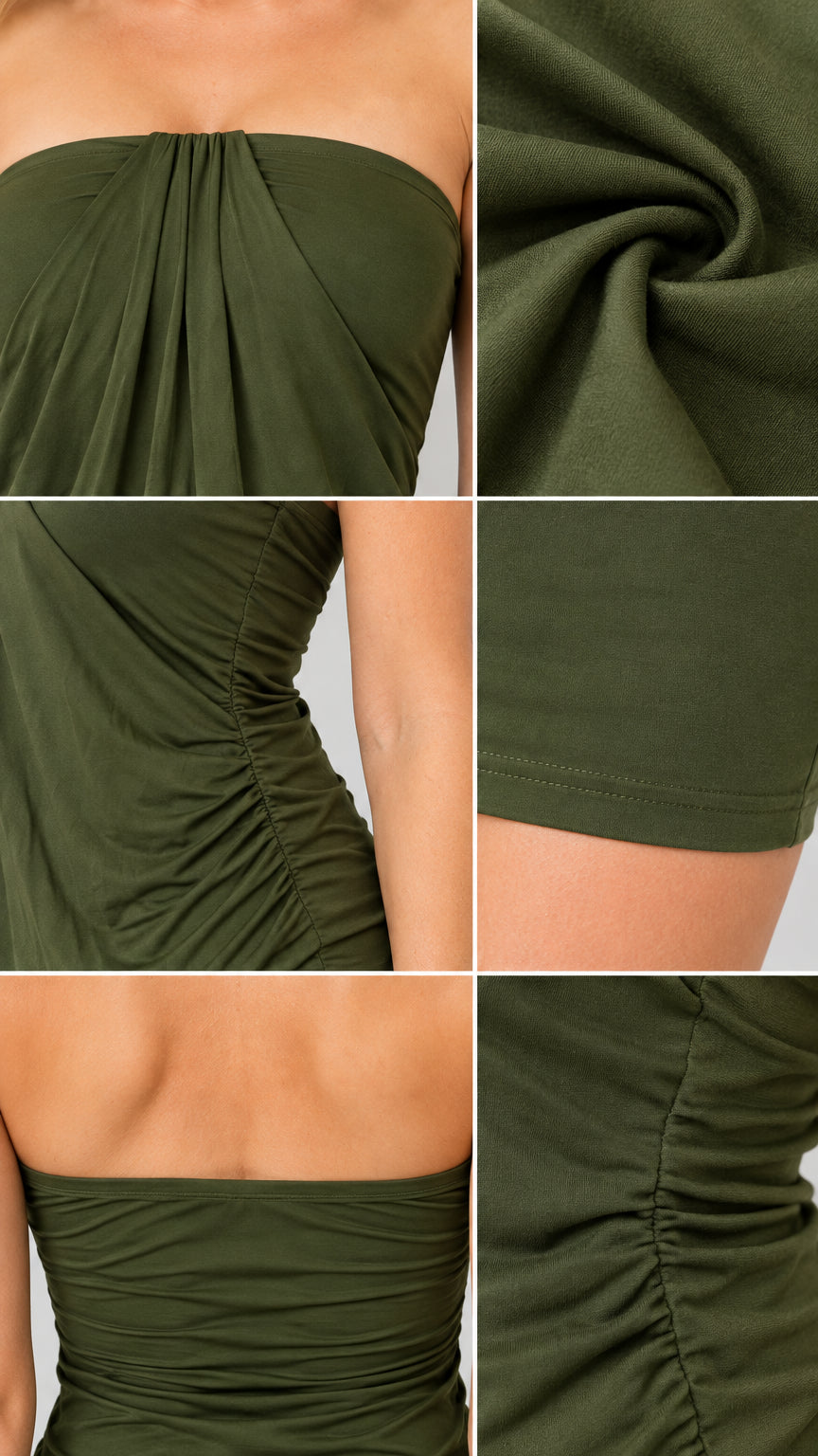 Close-up details of beaded neckline, draped fabric, and side ruching on olive green dress