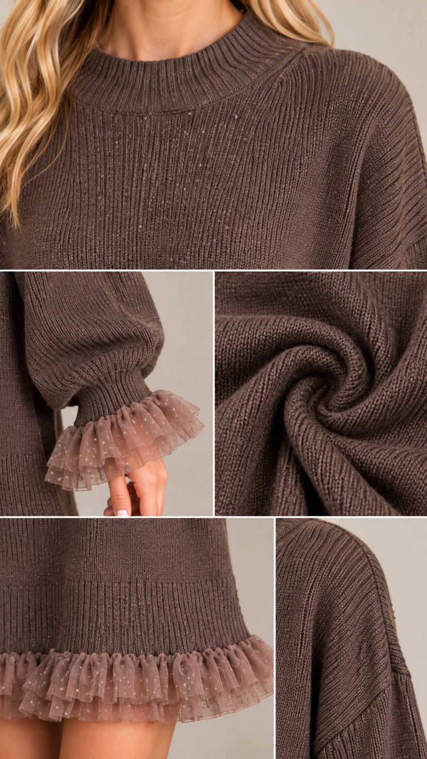 Close-up collage of brown ribbed knit texture, neckline, and tulle ruffle cuff and hem details