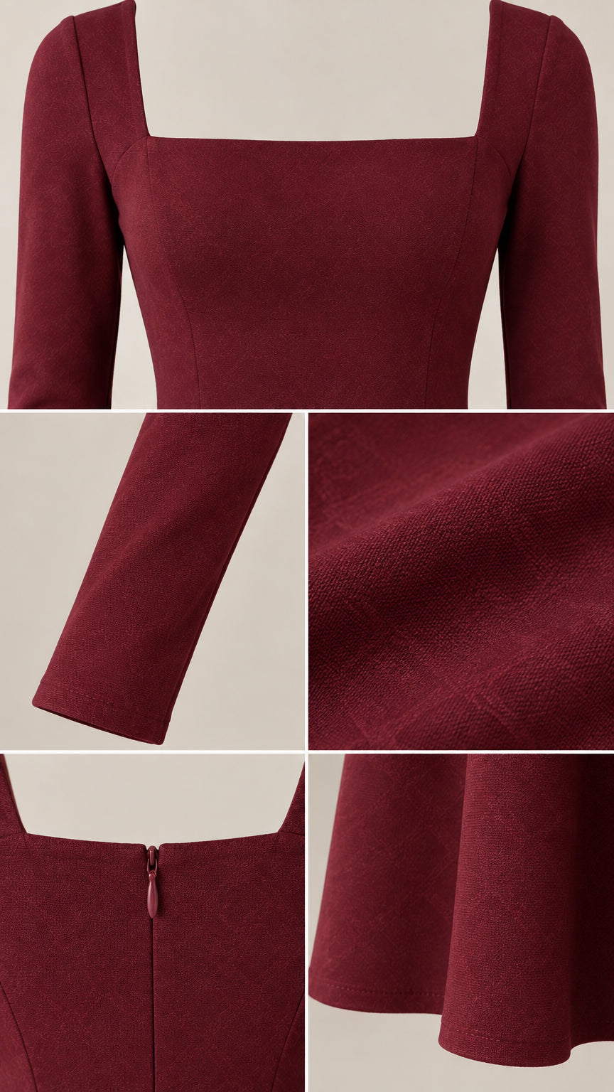 Detailed collage showing square neckline, sleeve hem, fabric texture, and hidden back zip