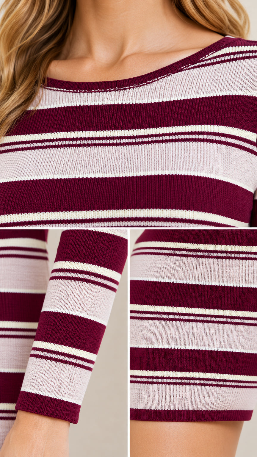 Close-up detail shots of neckline, ribbed texture, and sleeve cuffs on striped knit dress