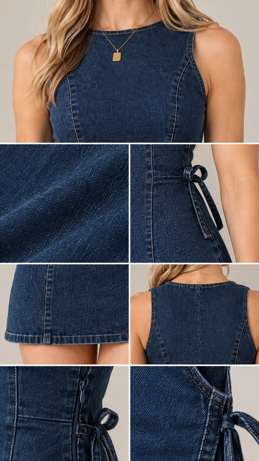 Close-up details of neckline, denim fabric texture, side ties, and hem