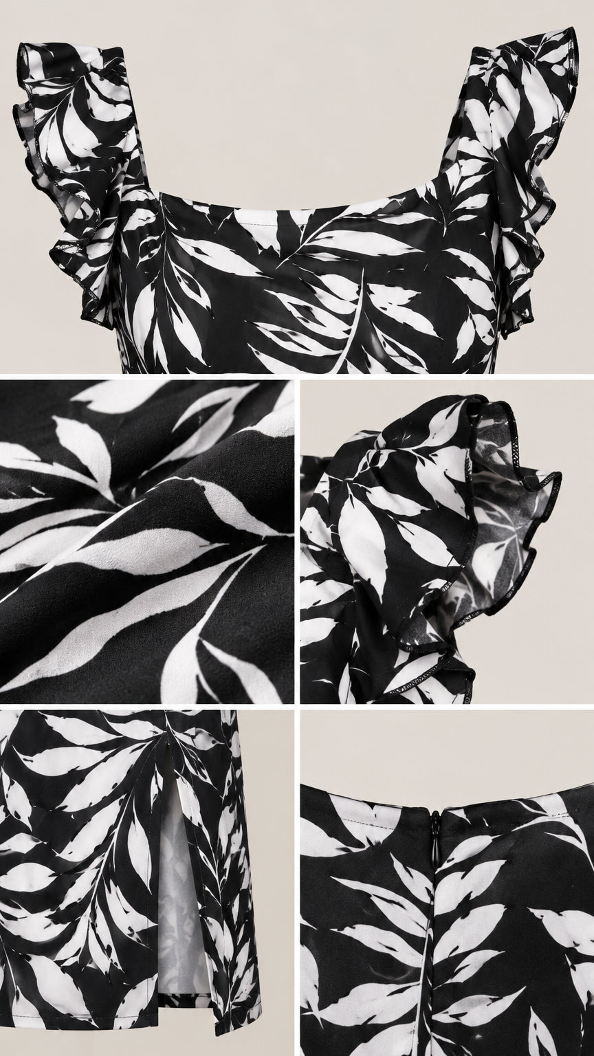 Close-up details of ruffled shoulder strap, leaf pattern fabric, hem slit, and back zipper