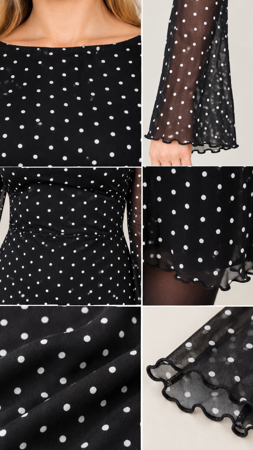 Close-up details of neckline, flared bell cuffs, fabric texture, and ruffled lettuce-edge hem