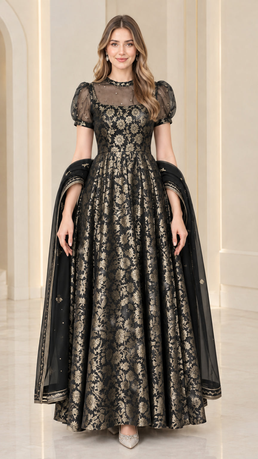 Black and gold metallic floral jacquard evening gown with matching black sheer shawl