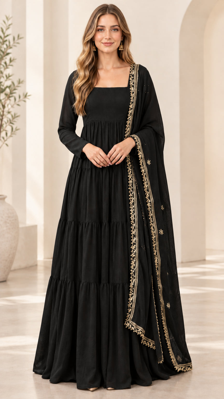 Black long-sleeve tiered square neck maxi dress with matching embroidered scarf