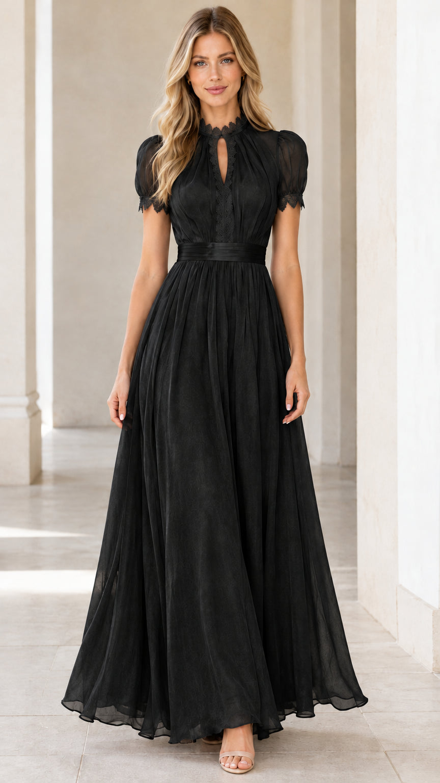 Black chiffon maxi evening dress with lace keyhole neckline and satin waistband