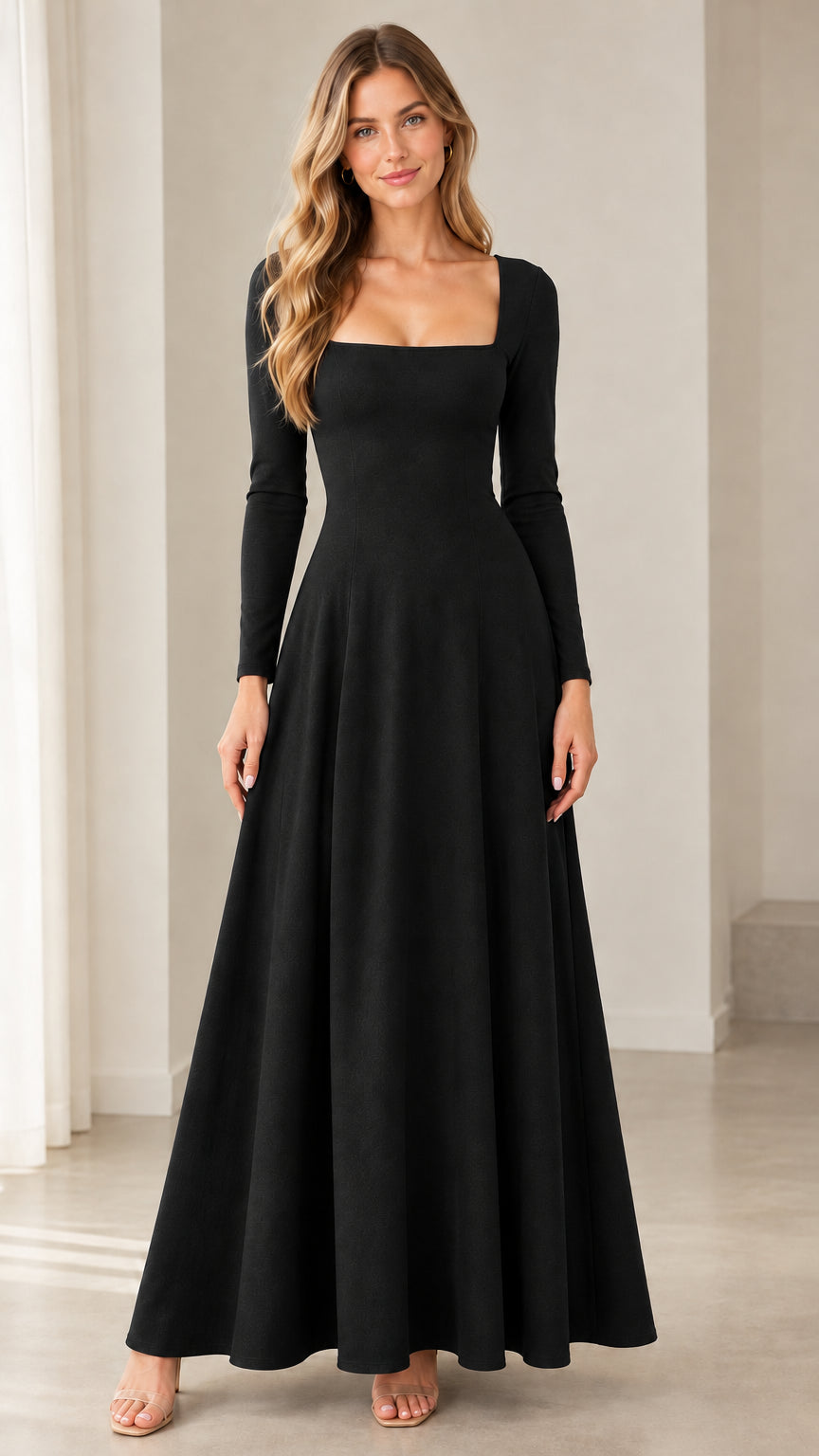 Model wearing black long sleeve square neck maxi dress