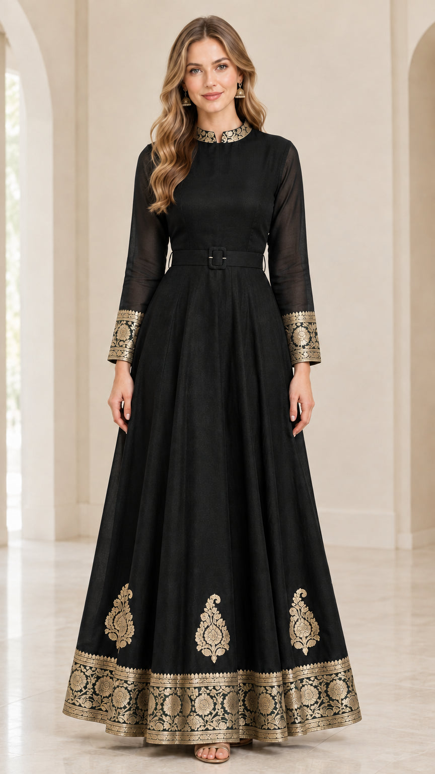 Front view of black embroidered high-neck long-sleeve maxi dress with gold trim