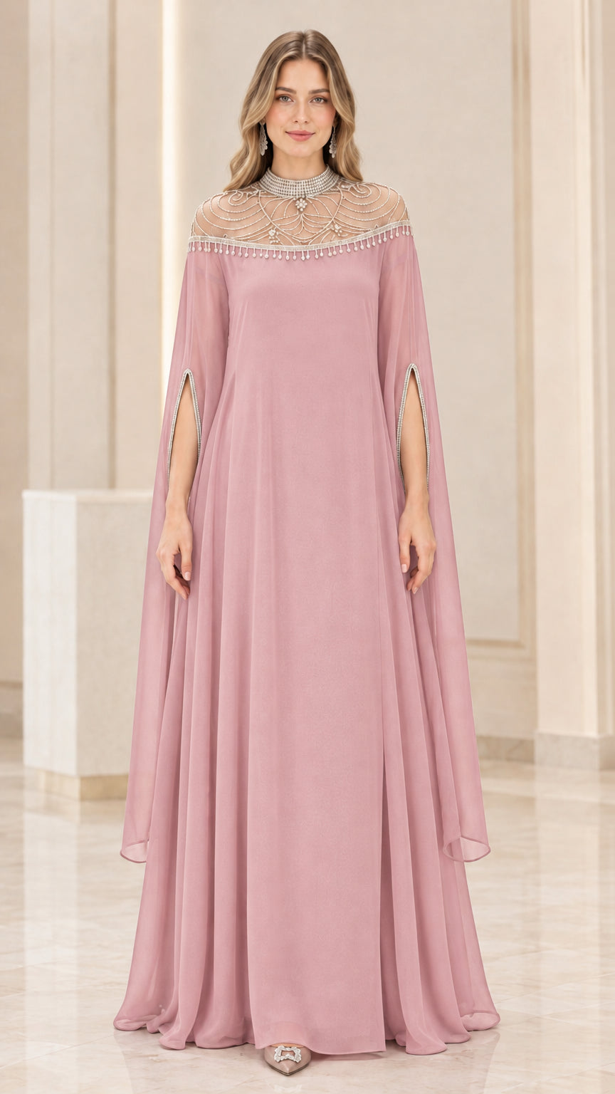 Front view of dusty pink pearl-embellished cape maxi evening gown