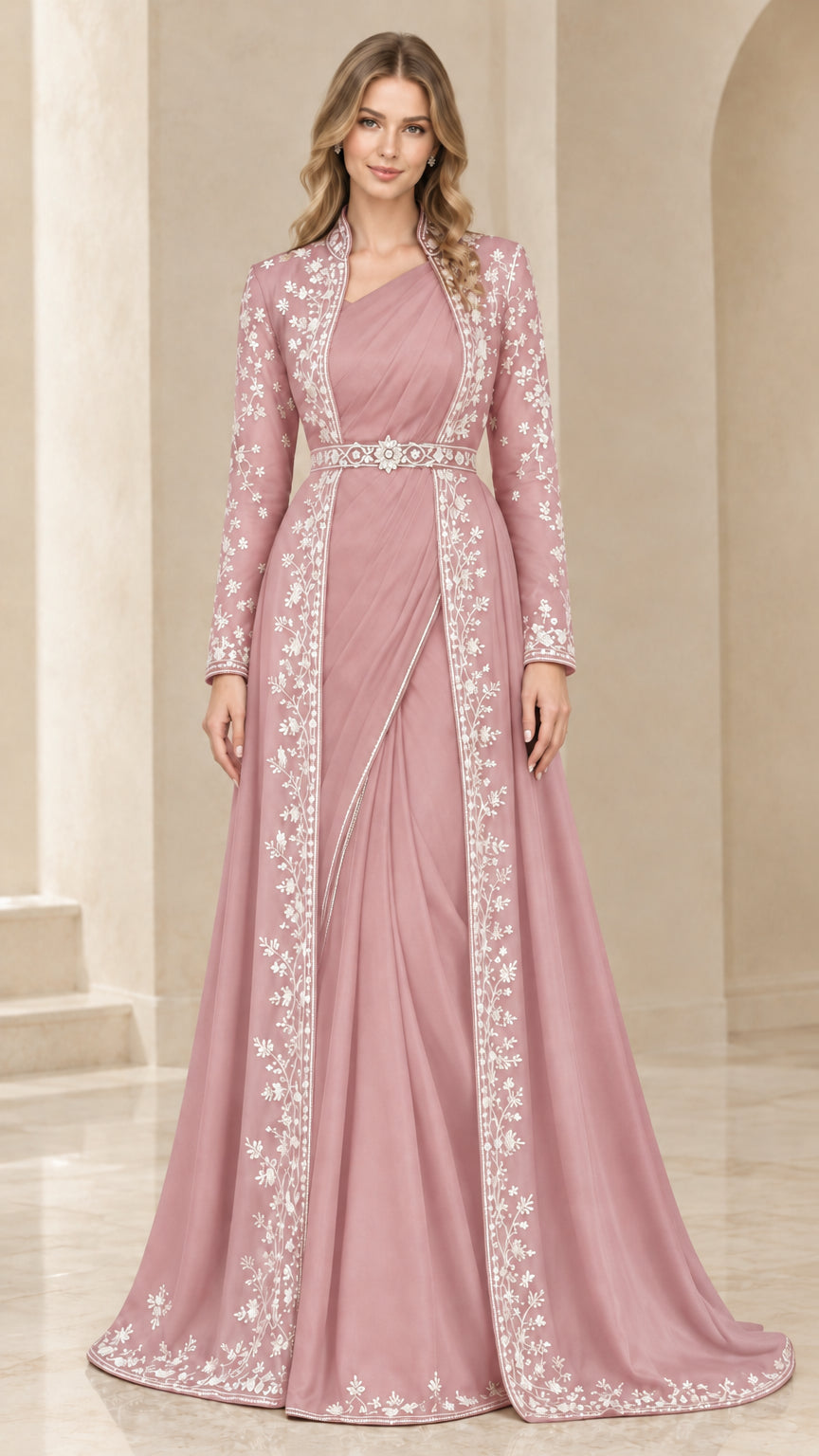 Front view of dusty rose pink embroidered formal gown and matching long duster coat set
