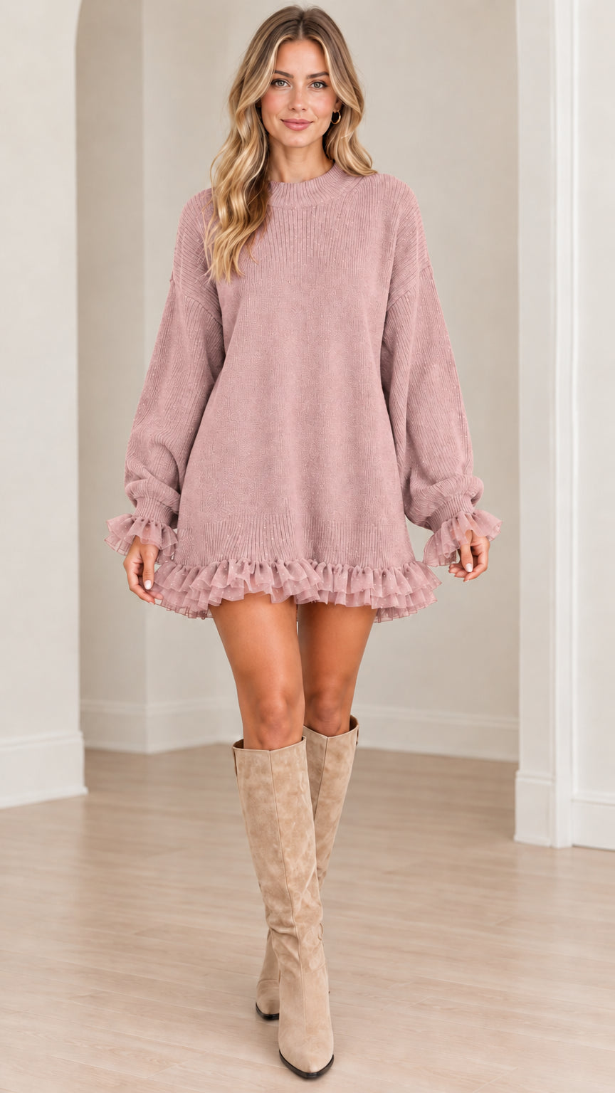Front view of model wearing dusty pink oversized knit sweater dress with ruffle hem