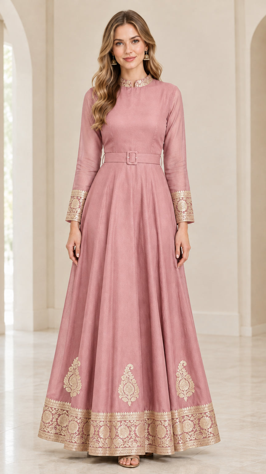 Front view of dusty pink belted maxi dress featuring gold embroidered cuffs and border