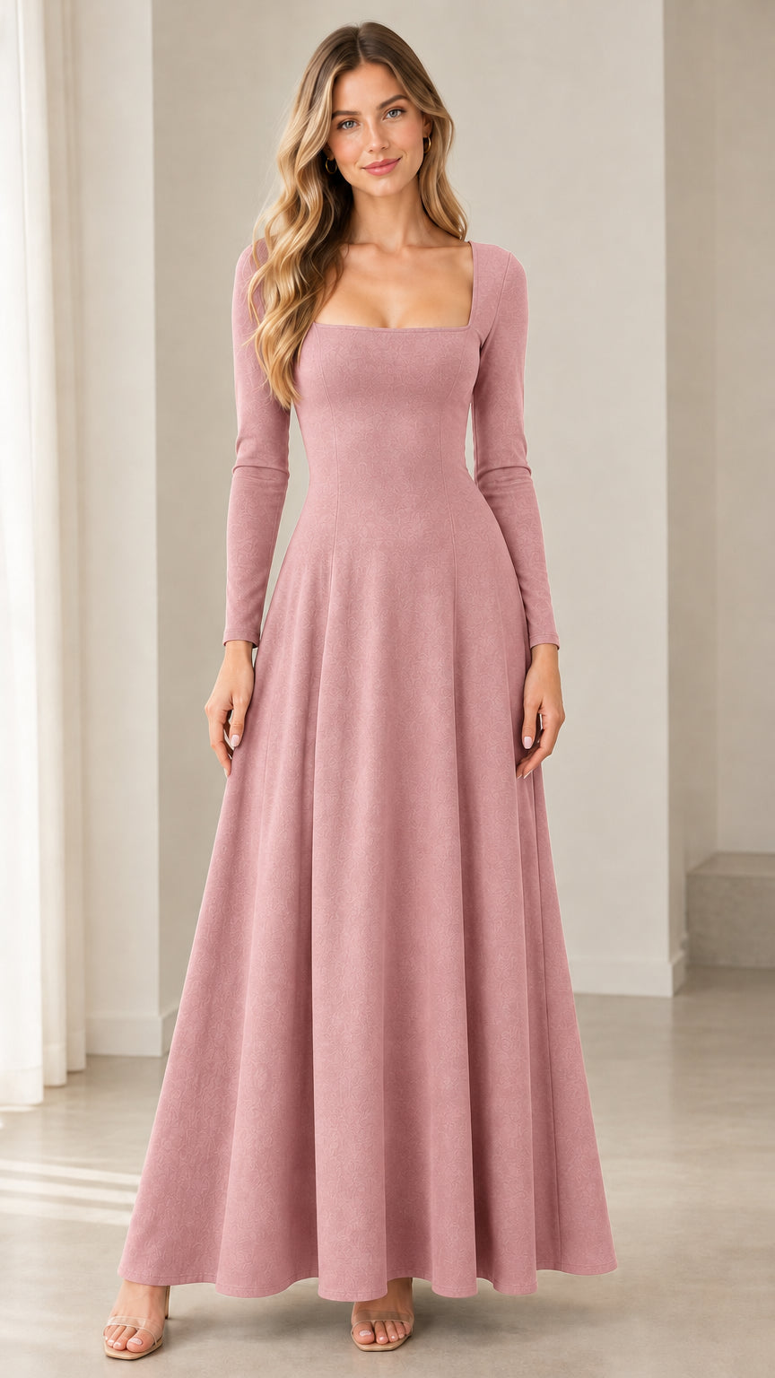 Model wearing dusty pink long sleeve square neck maxi dress