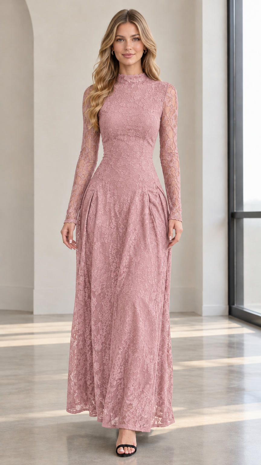 Front full view of dusty pink high neck lace maxi dress with sheer long sleeves