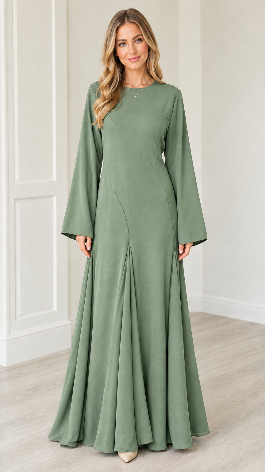 Front view of woman wearing Sage Green long sleeve A-line maxi dress