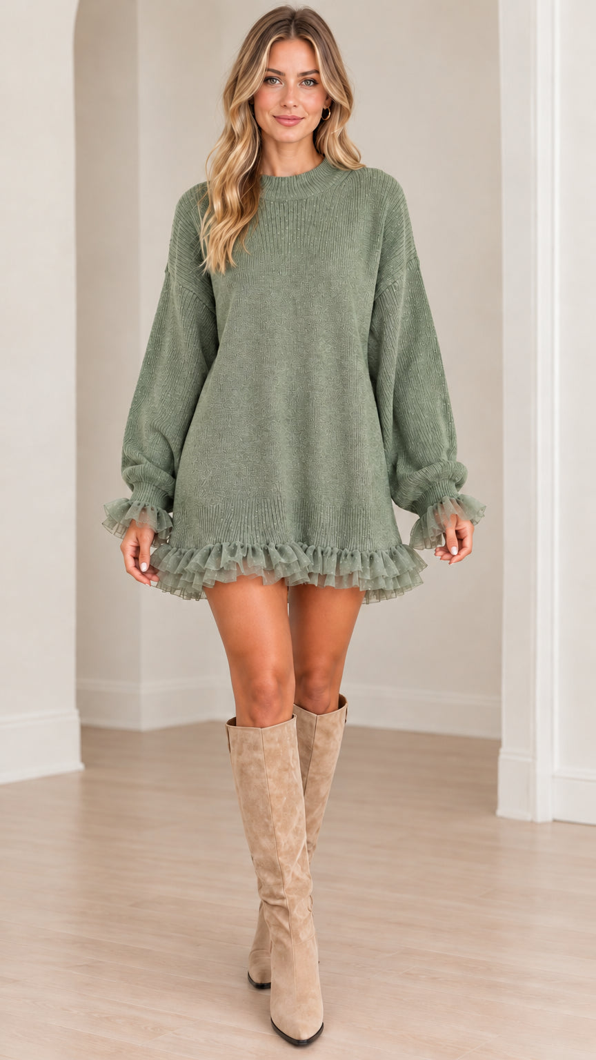 Front view of model wearing sage green relaxed knit sweater dress with ruffle accents
