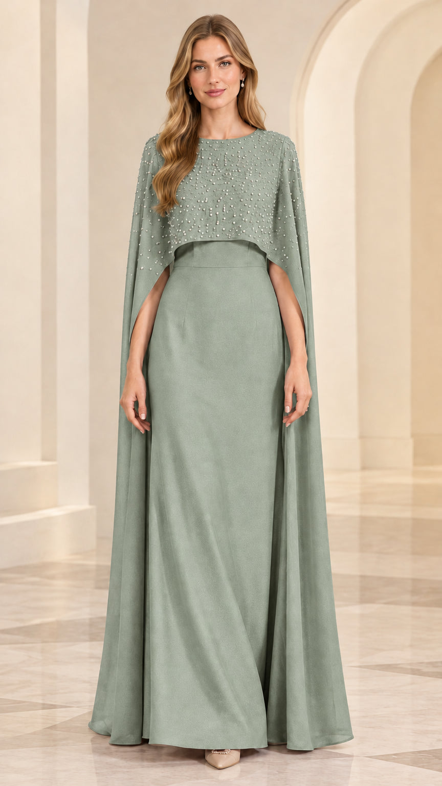 Sage green elegant formal gown with pearl-embellished cape