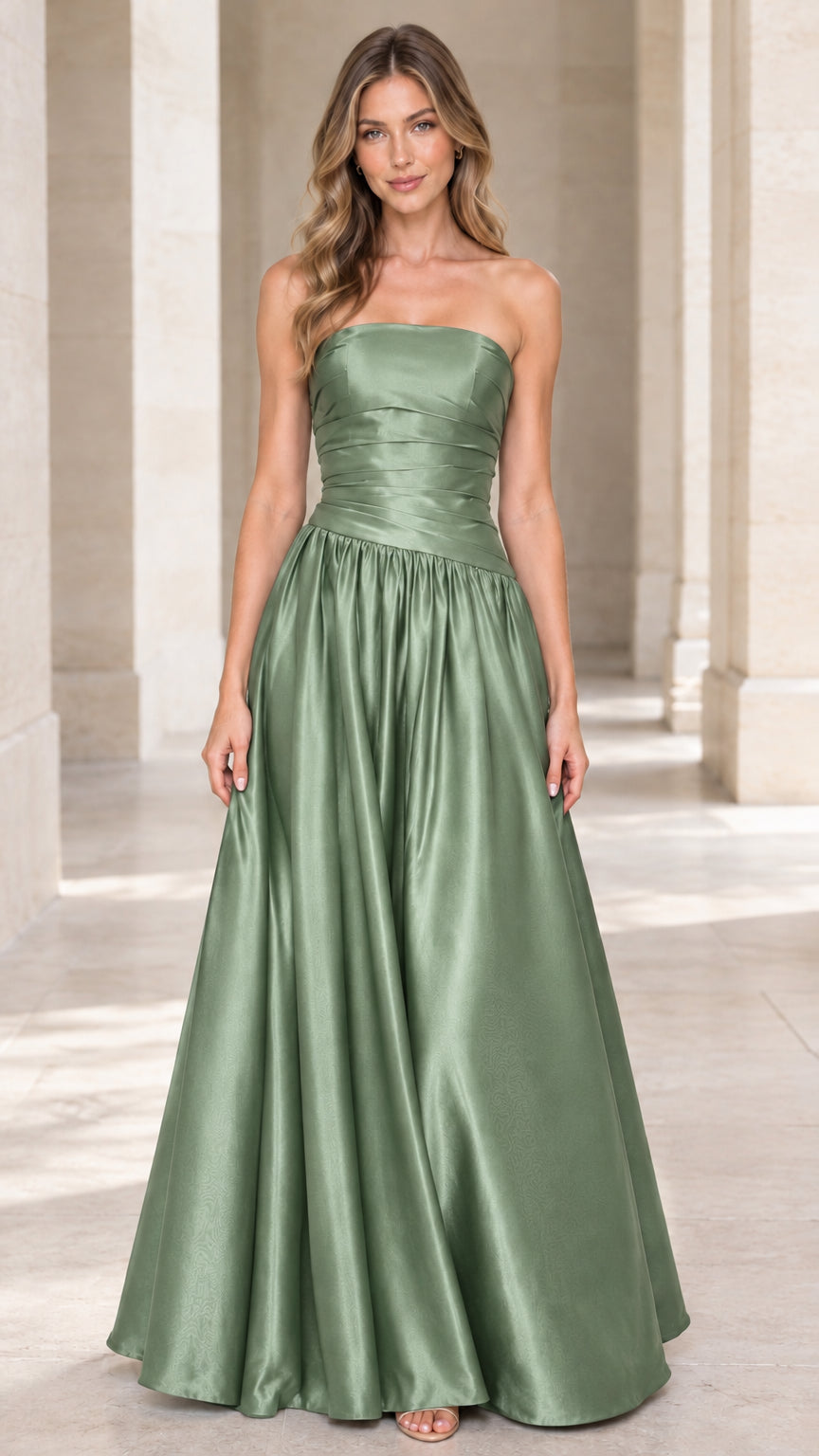 Full-length front view of sage green strapless pleated satin evening gown