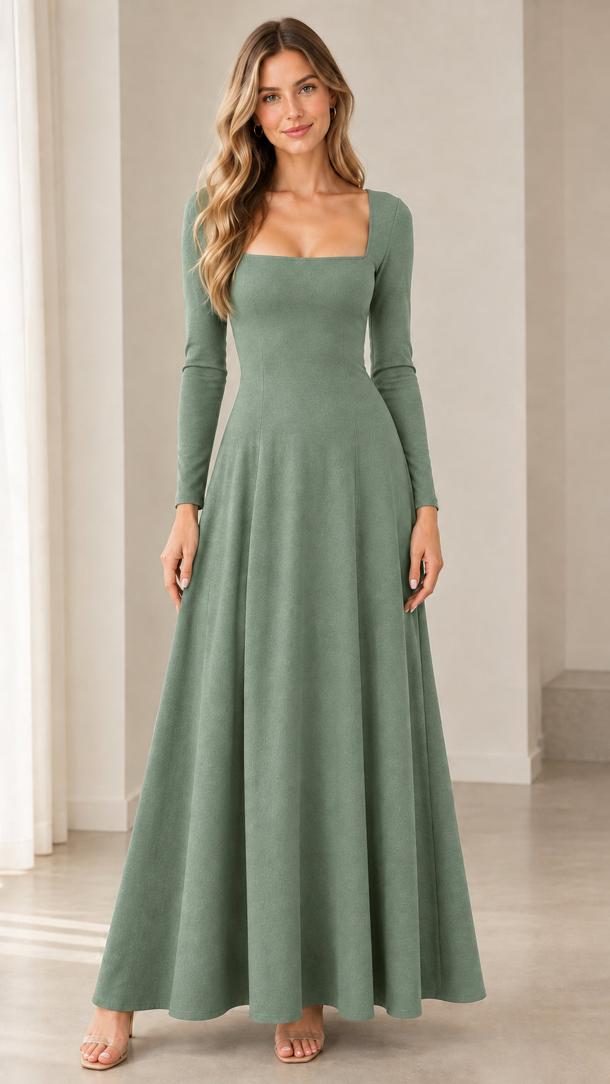 Model wearing sage green long sleeve square neck maxi dress