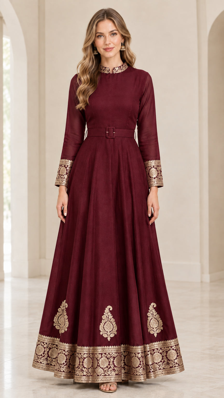 Front view of burgundy long-sleeve maxi gown with gold floral embroidered details