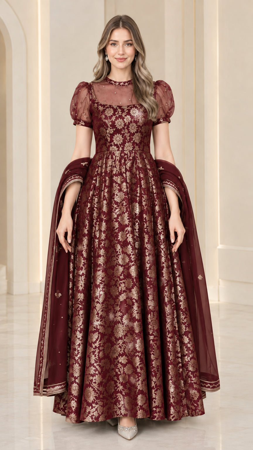 Burgundy wine red floral jacquard evening gown with matching sheer shawl