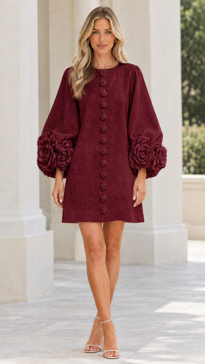 Model wearing burgundy wine red shift dress with rosette sleeve detailing