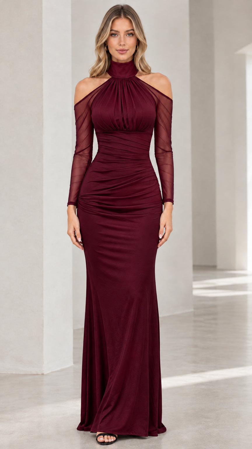 Front view of model wearing burgundy wine red high neck cold shoulder maxi dress