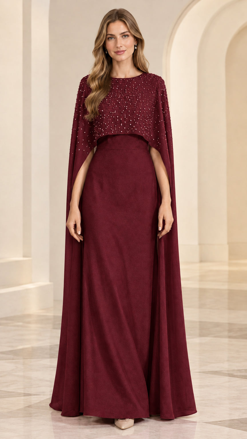 Burgundy wine red maxi formal dress with beaded cape overlay