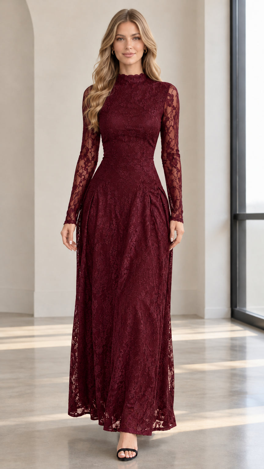 Front full view of burgundy wine red floral lace maxi evening dress