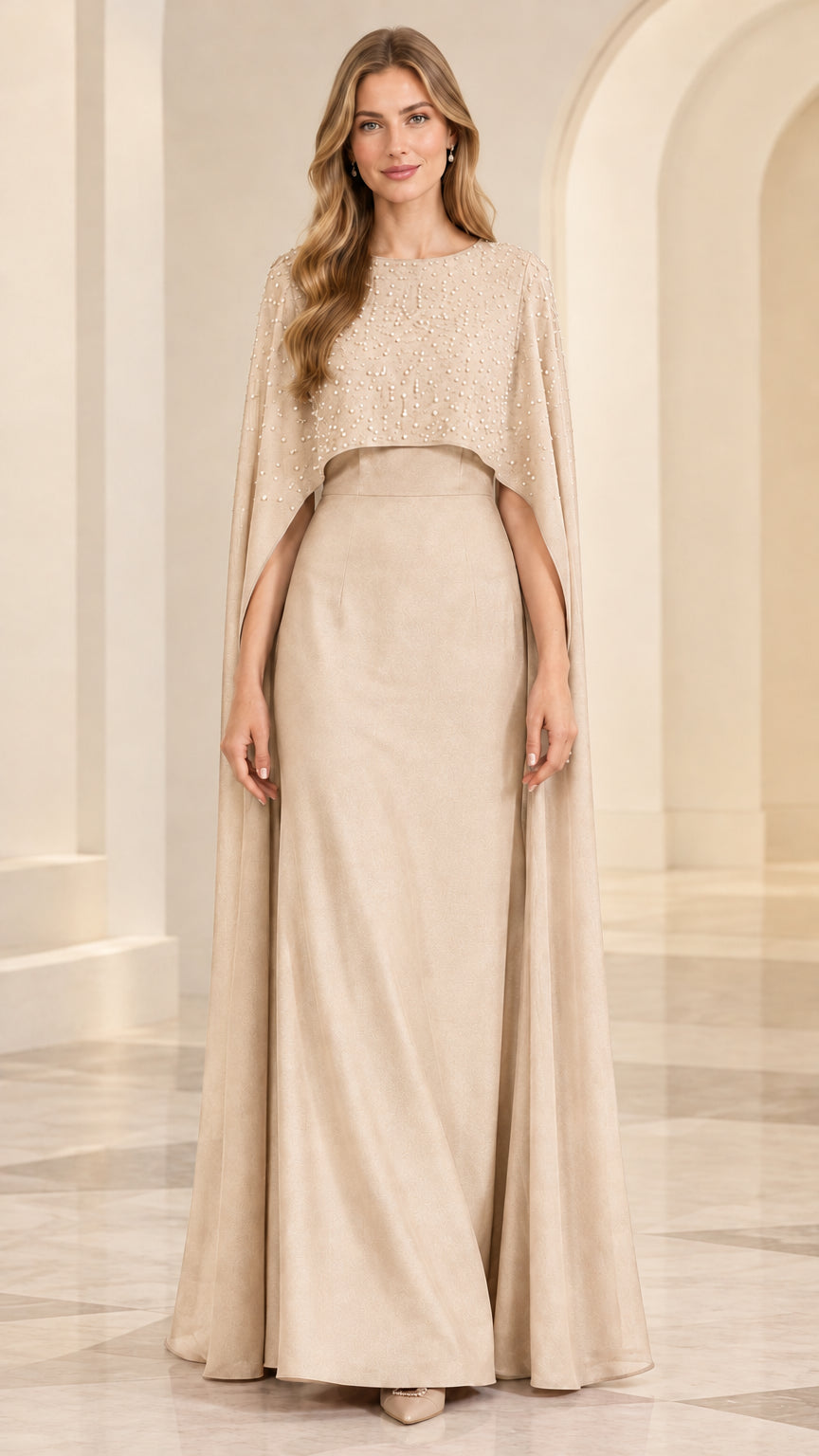 Champagne beige evening gown with delicate beaded cape sleeves