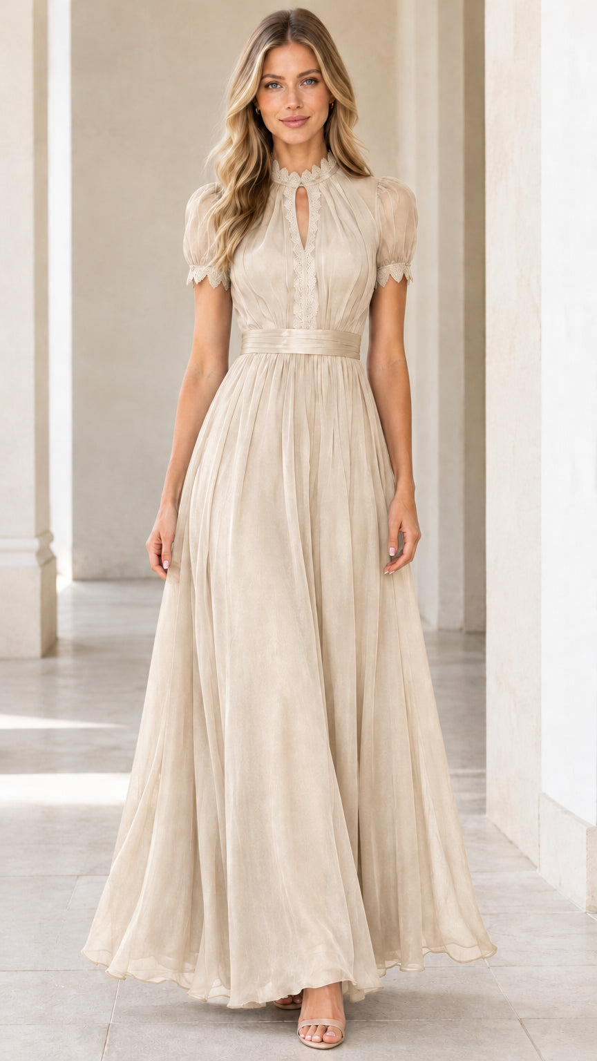 Champagne beige chiffon evening maxi dress with defined satin waist