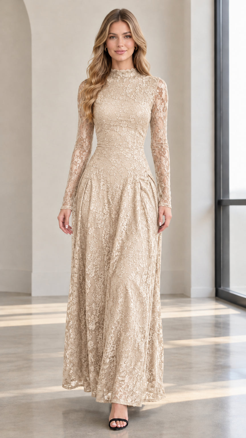 Front full view of champagne beige long sleeve mock neck lace evening dress