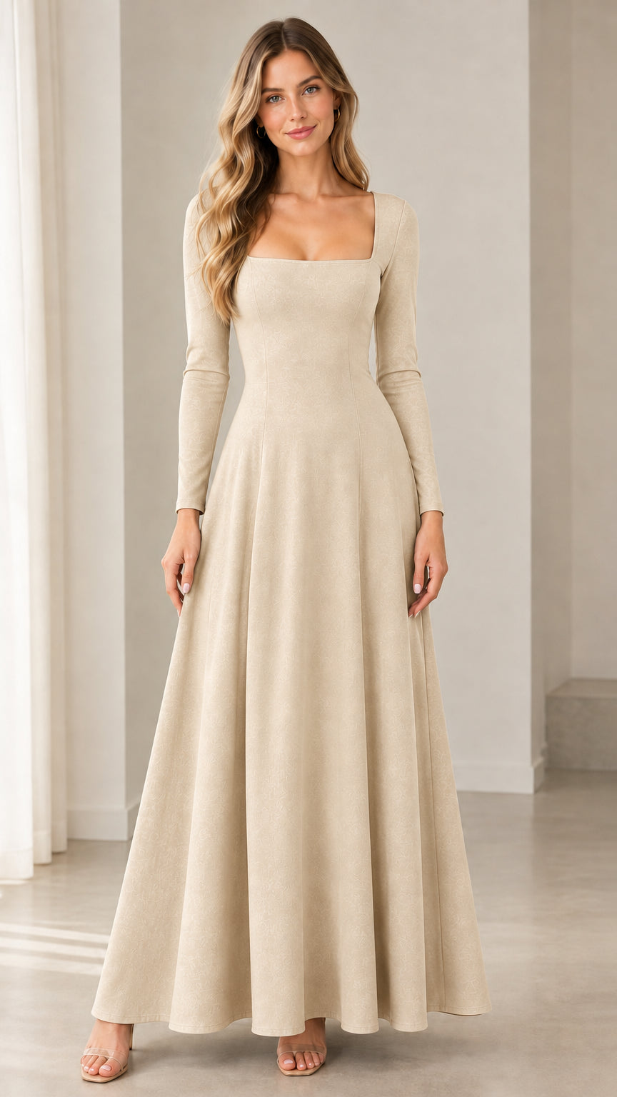 Model wearing beige long sleeve square neck maxi dress