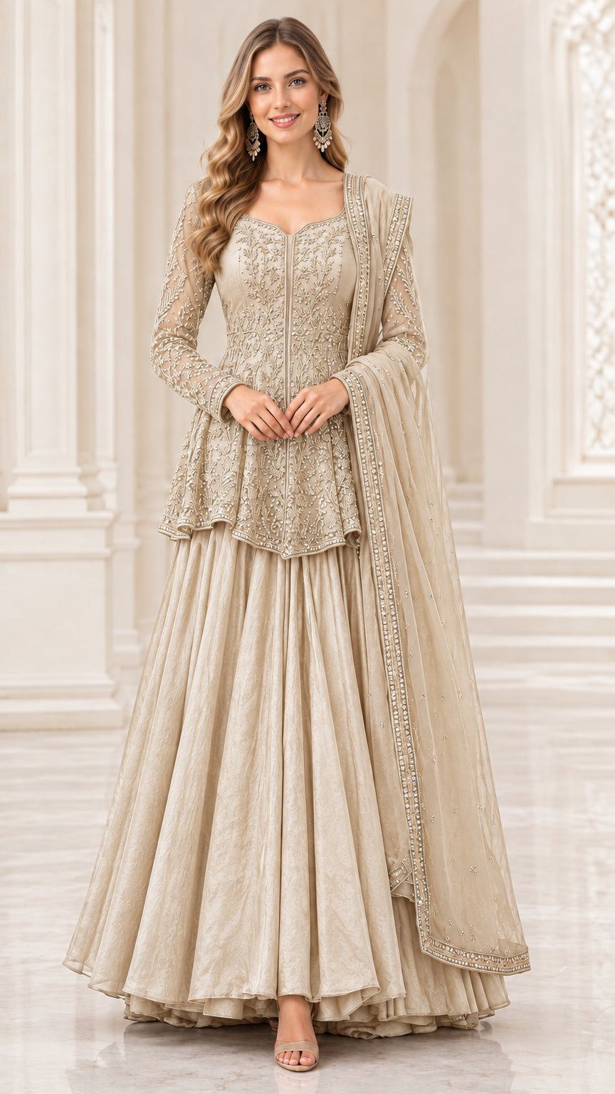 Model wearing champagne beige embroidered peplum top and maxi skirt set with dupatta
