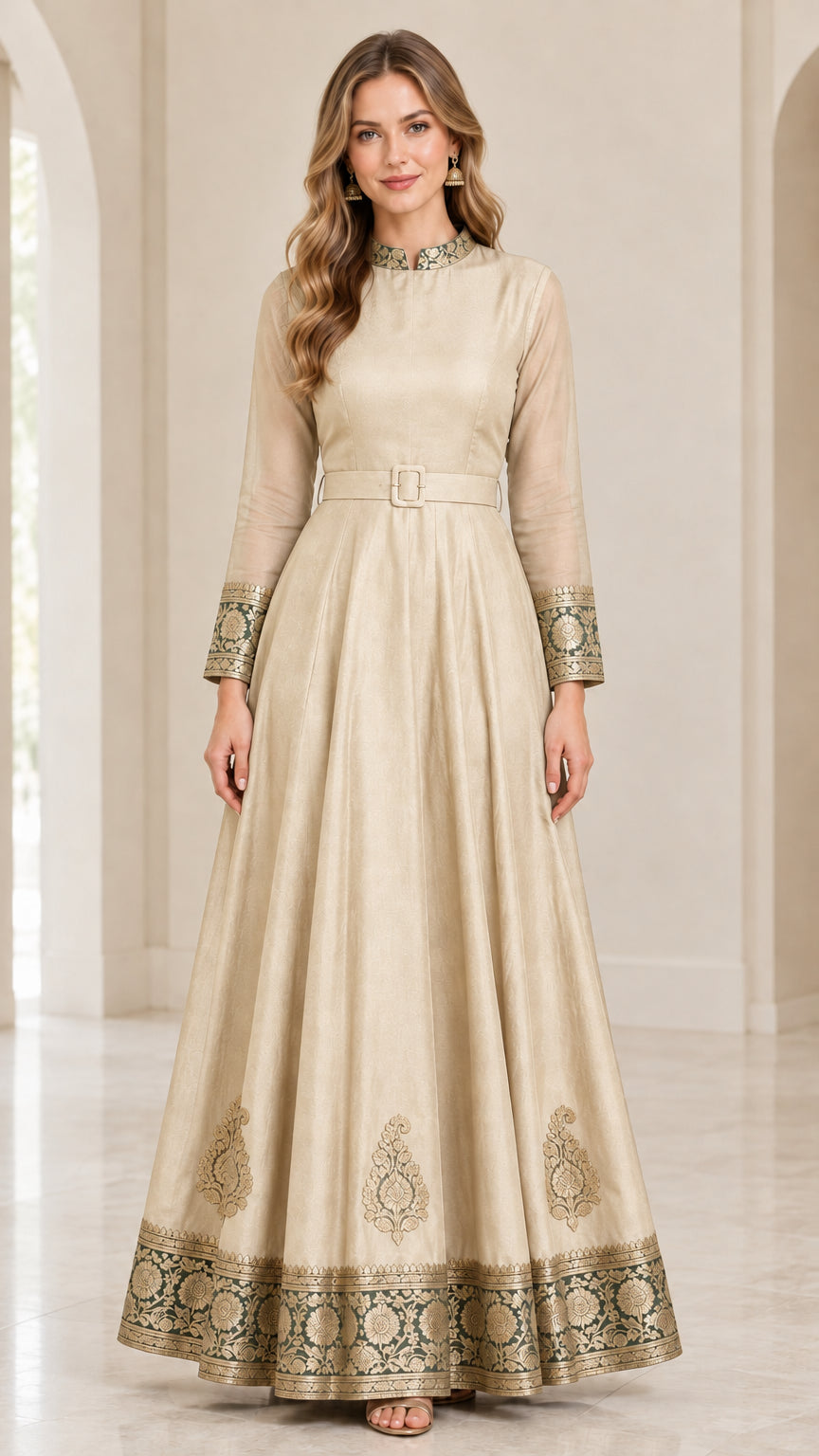 Front view of champagne beige embroidered belted maxi dress with gold detailing